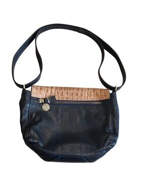 Clare V. Navy Leather Crossbody Tan Croc Foldover Flap Shoulder Bag Logo Charm